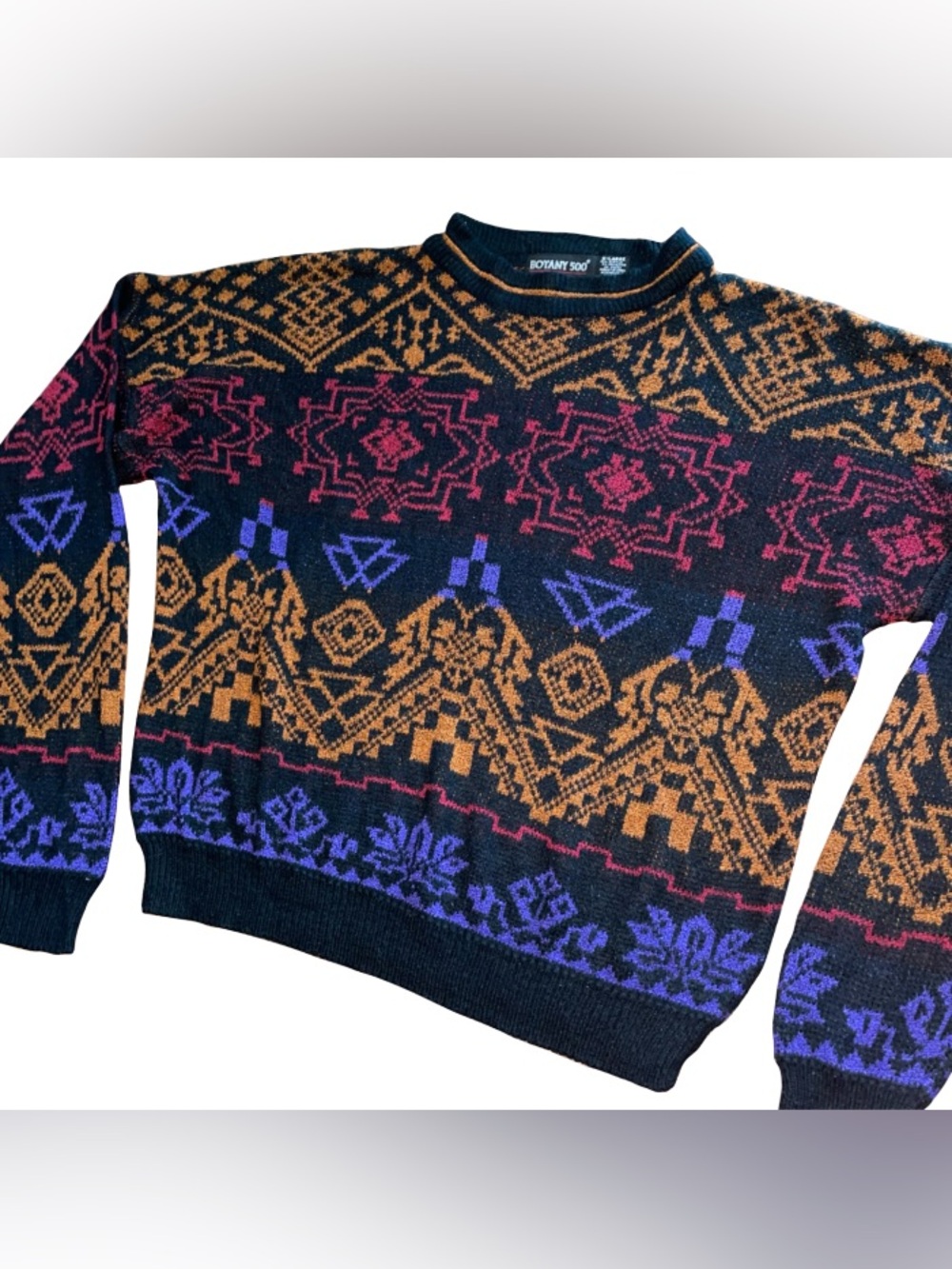 VTG Botany 500 Sz XL Aztec Geometric Sweater Oversized Biggie Cosby Hip Hop 90s